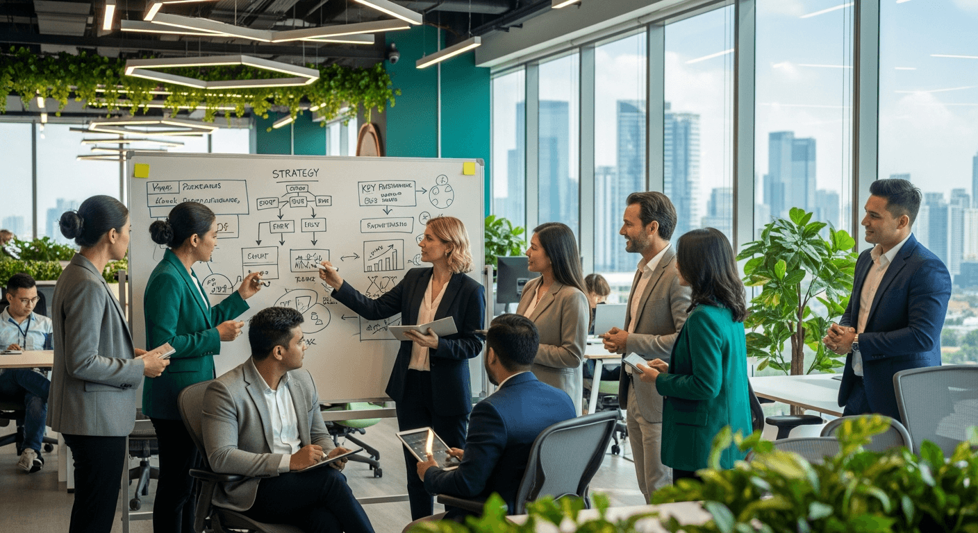 AI_IMAGE: A diverse group of corporate professionals in a modern open-plan office in Jakarta, collaborating around a whiteboard with charts and strategy maps. Large windows with city view, green plants, warm natural light. Professional and approachable atmosphere. Teal and green tones. | photorealistic | landscape