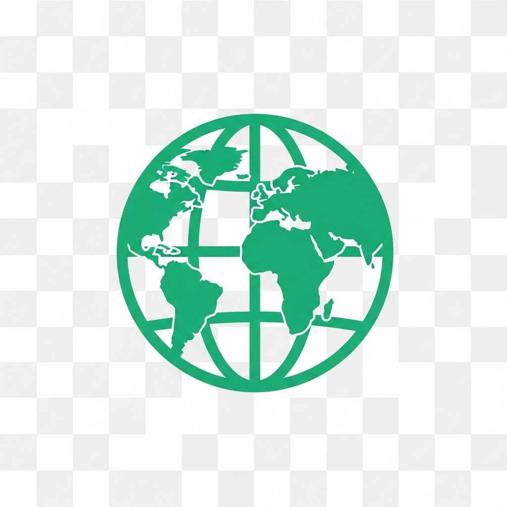 AI_IMAGE: A simple flat-design globe icon in teal green color on transparent background, minimalist corporate style, clean lines showing world map | flat-design | square