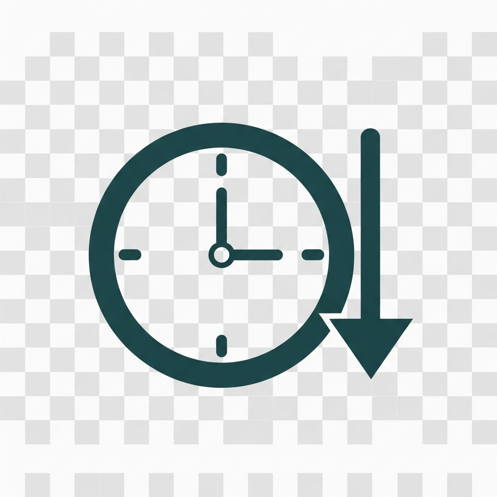 AI_IMAGE: A simple flat-design clock with arrow icon in dark teal color on transparent background, minimalist style representing time loss | flat-design | square