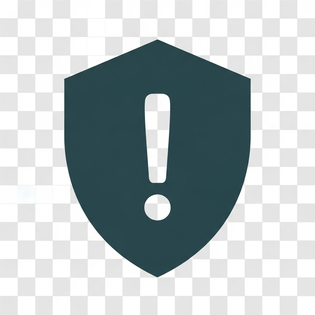 AI_IMAGE: A simple flat-design shield with exclamation mark icon in dark teal color on transparent background, minimalist style representing risk | flat-design | square