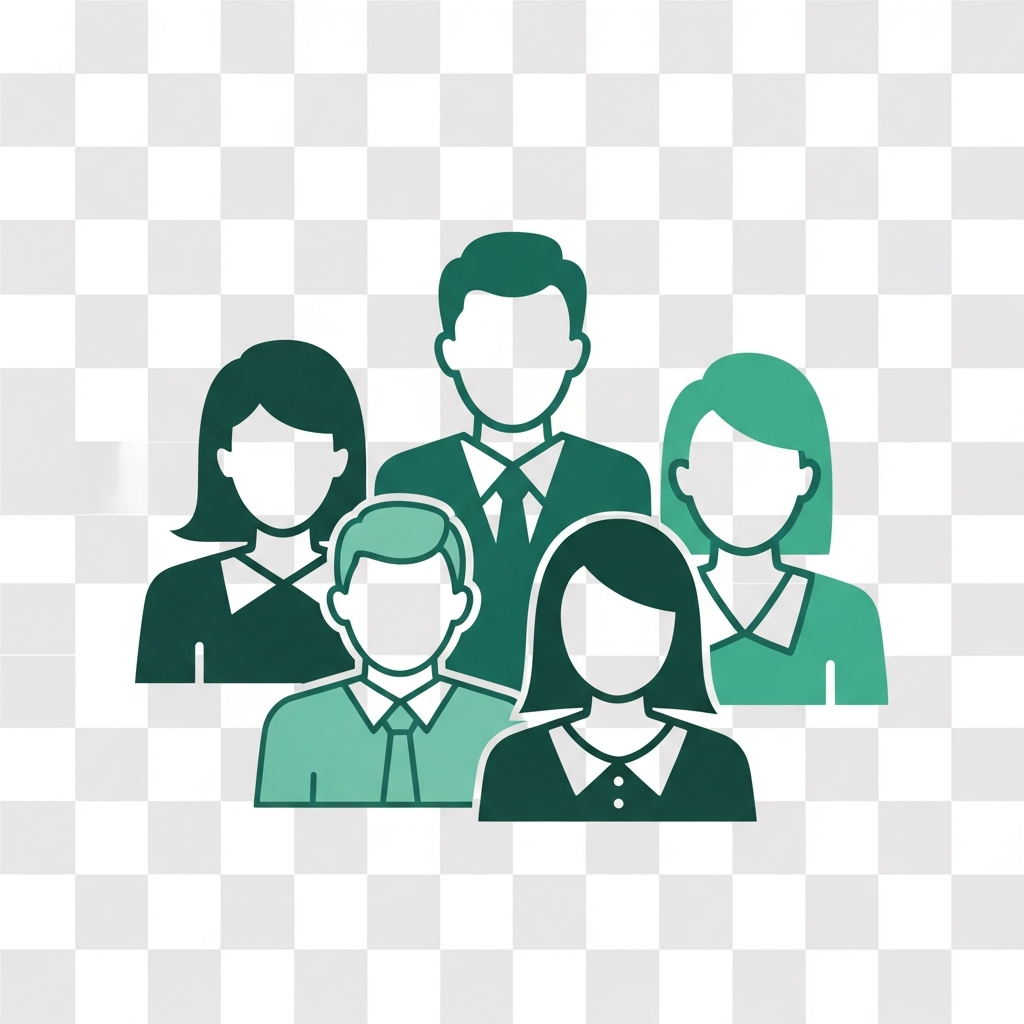 AI_IMAGE: A simple flat-design people group icon in teal green color on transparent background, minimalist corporate style representing team professionals | flat-design | square