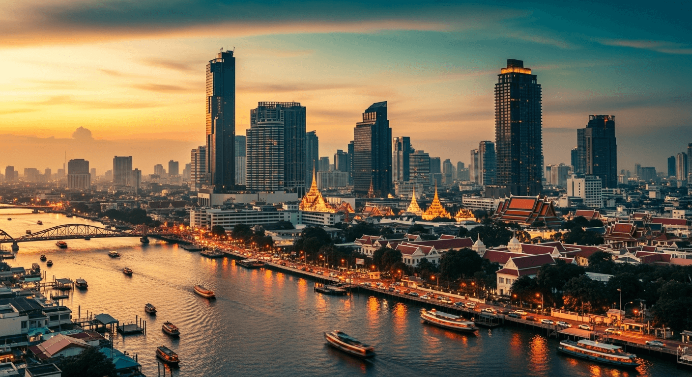 AI_IMAGE: A Southeast Asian city skyline panorama at dusk with modern skyscrapers and traditional architecture blended together. Warm golden light, teal sky gradient. Representing ASEAN economic growth. | photorealistic | landscape