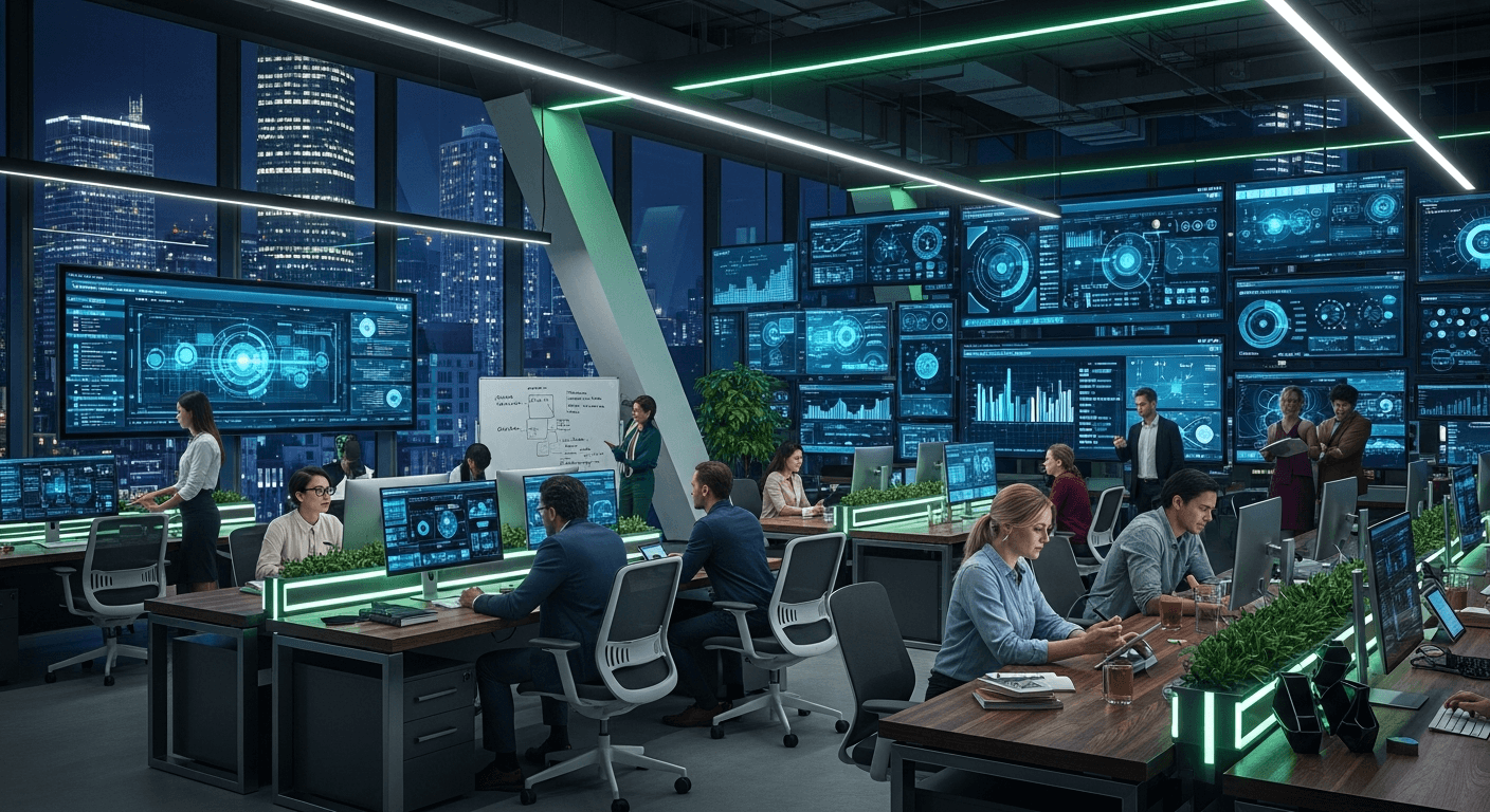 AI_IMAGE: A modern tech office with large screens showing digital dashboards and analytics. Team members collaborating on digital transformation strategy. Futuristic atmosphere with green and teal LED accents. | photorealistic | landscape