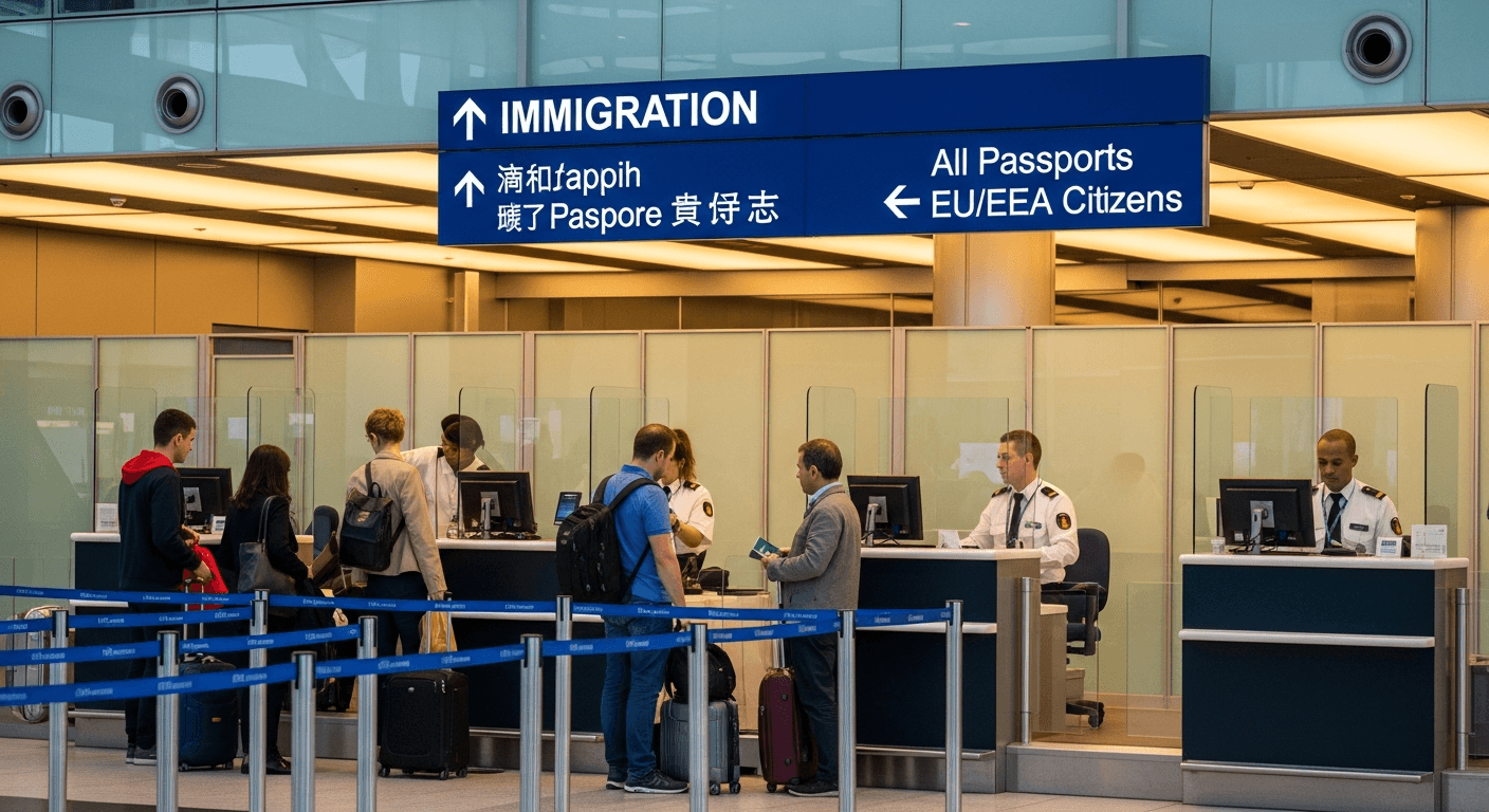 AI_IMAGE: An airport immigration counter with professional officers and international travelers. Modern architecture, clear signage, organized queues. Clean professional atmosphere with warm lighting. | photorealistic | landscape