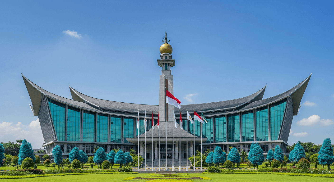 AI_IMAGE: Indonesian Parliament building exterior with modern architecture, clear sky, government flags, professional photography. Tones of teal and green in the surrounding landscape. | photorealistic | landscape