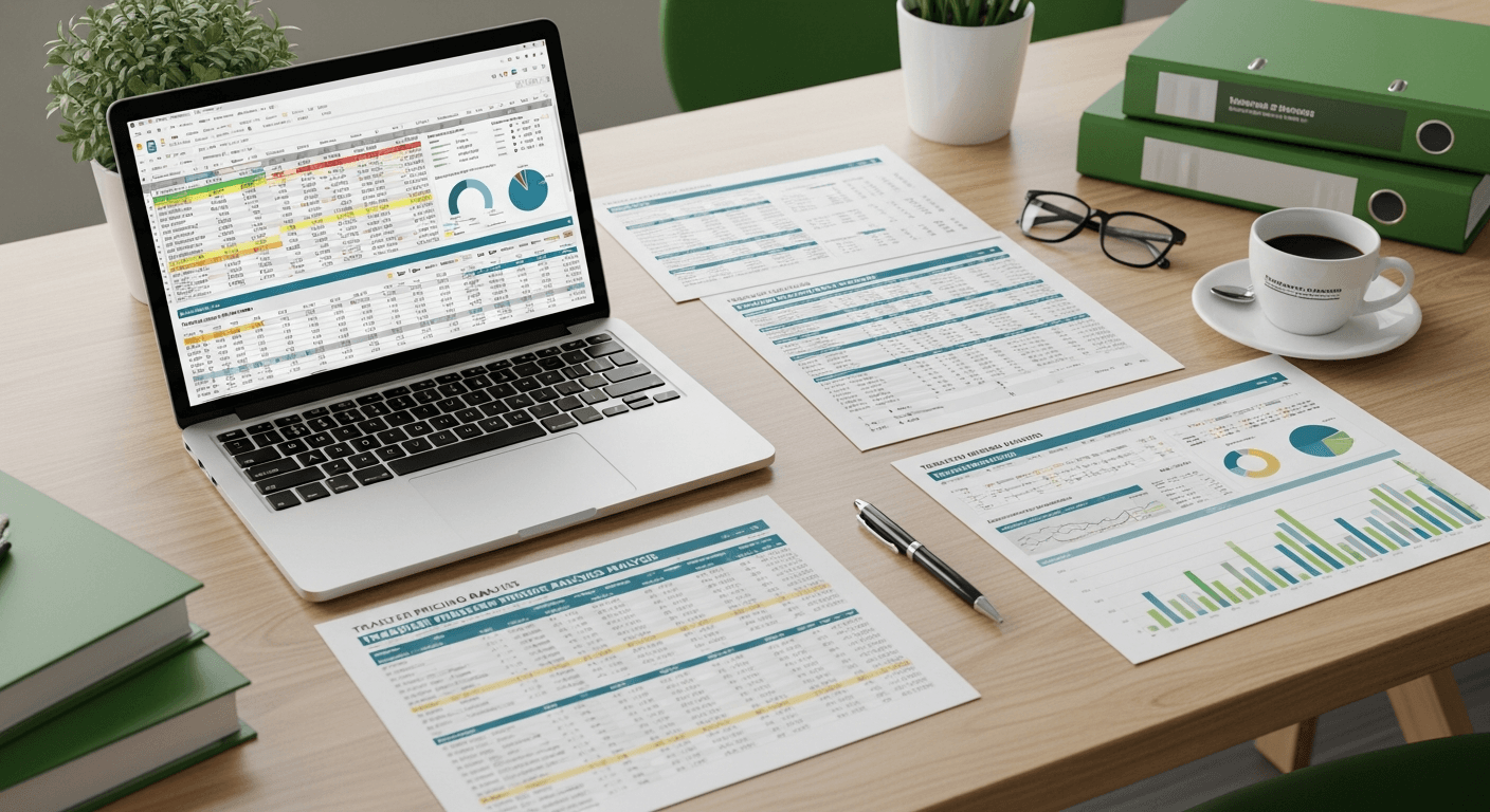 AI_IMAGE: Financial documents and spreadsheets showing transfer pricing analysis on a modern desk with laptop. Pen, glasses, and coffee cup visible. Professional corporate atmosphere with green accents. | photorealistic | landscape