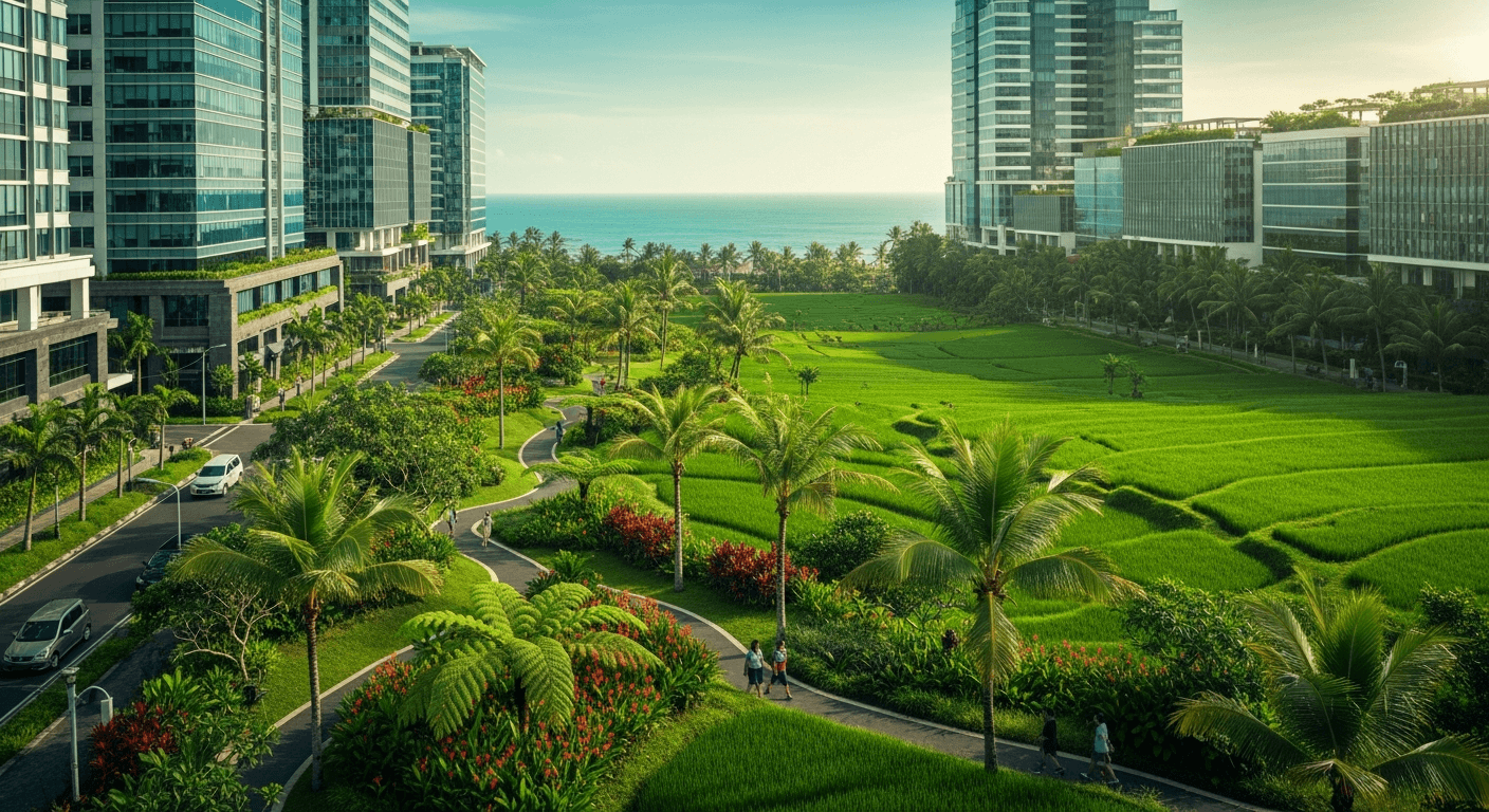 AI_IMAGE: Bali business district with modern office buildings surrounded by tropical gardens and rice terraces. Ocean visible in background. Warm tropical lighting with green and teal tones. | photorealistic | landscape