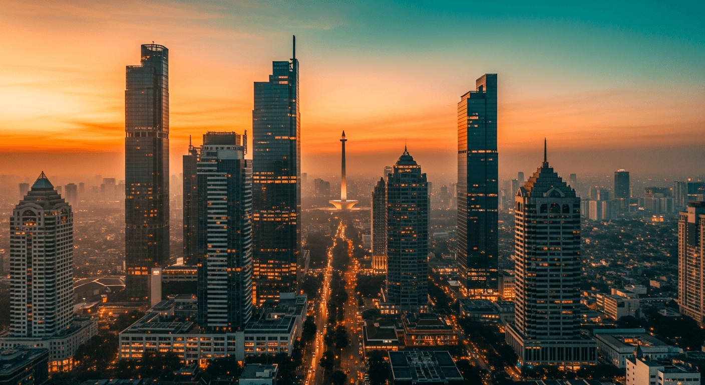 AI_IMAGE: Jakarta city skyline at golden hour with modern skyscrapers, the Monas monument visible in the distance. Aerial view showing the vibrant business district. Warm tones with teal sky. | photorealistic | landscape