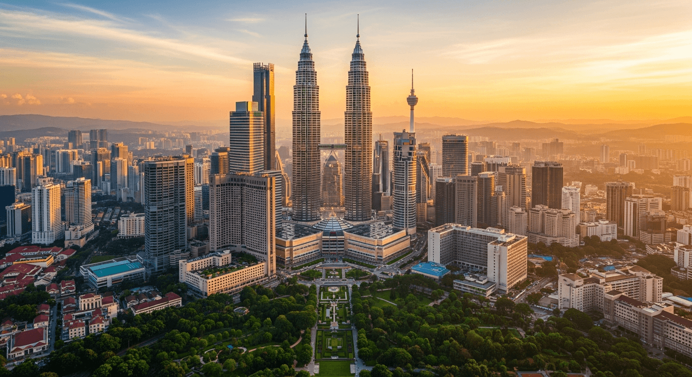 AI_IMAGE: Kuala Lumpur skyline featuring the Petronas Towers and modern business district. Aerial view at sunset with warm golden light. Green parks and gardens visible. Professional cityscape photography. | photorealistic | landscape