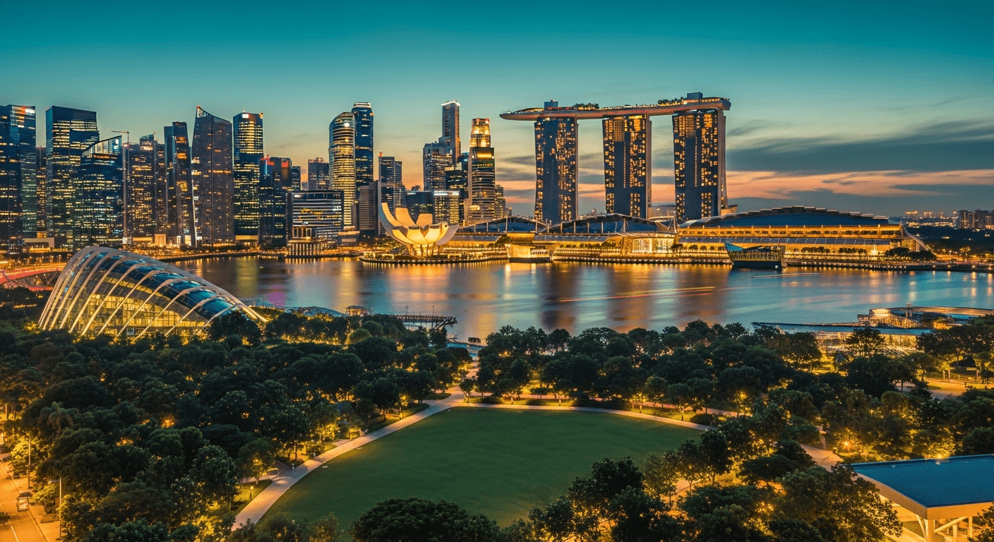 AI_IMAGE: Singapore Marina Bay skyline at twilight with iconic buildings like Marina Bay Sands and the business district. Modern metropolitan cityscape with green park in foreground. Teal and warm tones. | photorealistic | landscape