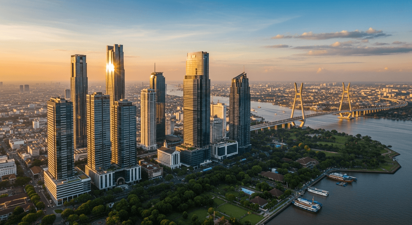 AI_IMAGE: Surabaya city skyline showing the Suramadu bridge and modern business district. Aerial view at golden hour with warm tones, green parks and waterfront visible. Professional cityscape photography. | photorealistic | landscape