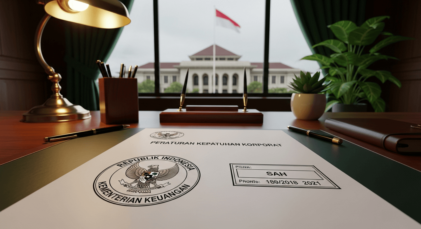 AI_IMAGE: A corporate compliance document on a desk with stamps and official seals, professional setting with warm lighting, green accents. Indonesian government building visible through window. | photorealistic | landscape