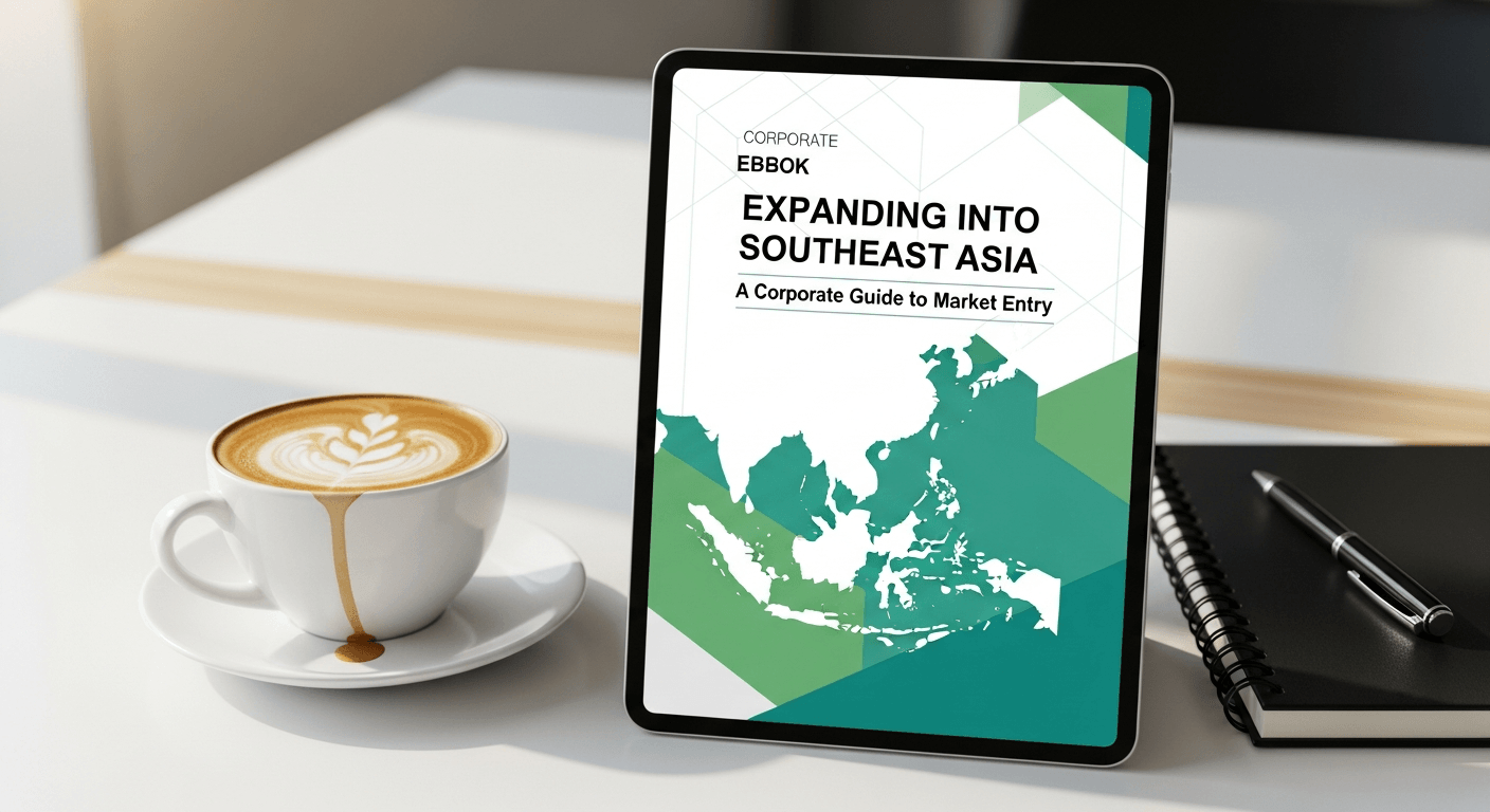 AI_IMAGE: A professional ebook cover mockup displayed on a tablet showing a corporate guide about expanding into Southeast Asian markets. Clean desk setup with coffee and notebook. Teal and green color scheme. | photorealistic | landscape