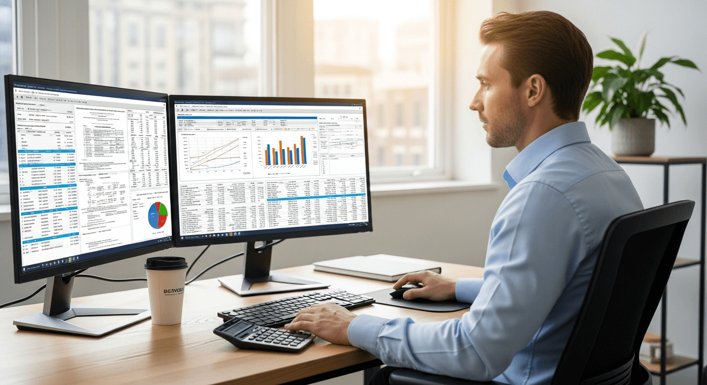 AI_IMAGE: A financial analyst reviewing tax documents and charts on dual monitors in a modern office. Spreadsheets, calculator, coffee cup visible. Professional corporate atmosphere with green plants. | photorealistic | landscape