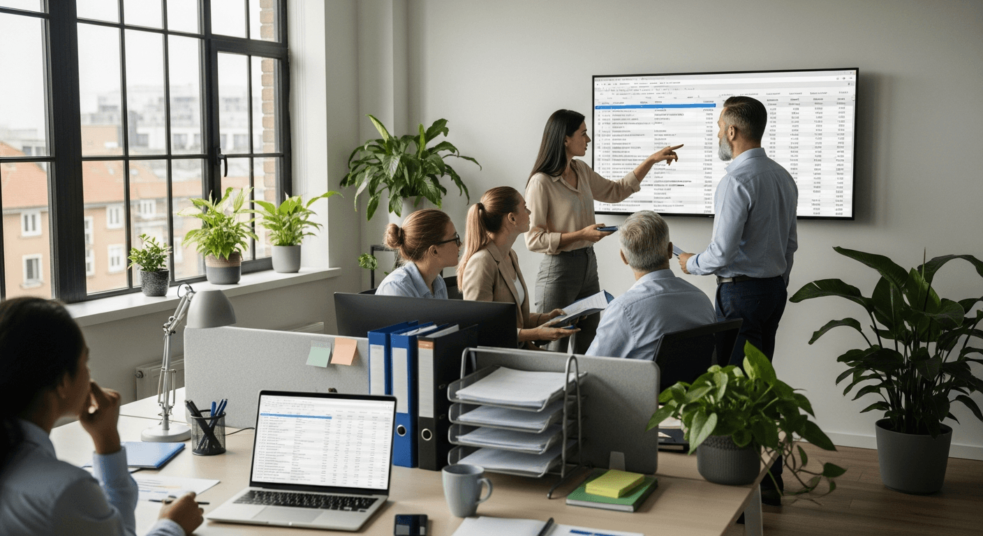 AI_IMAGE: A modern HR office environment with a team reviewing payroll reports on a large screen, diverse professionals discussing financial data. Clean desk with laptop and organized folders. Green plants, natural light from large windows. Warm and collaborative corporate atmosphere. | photorealistic | landscape
