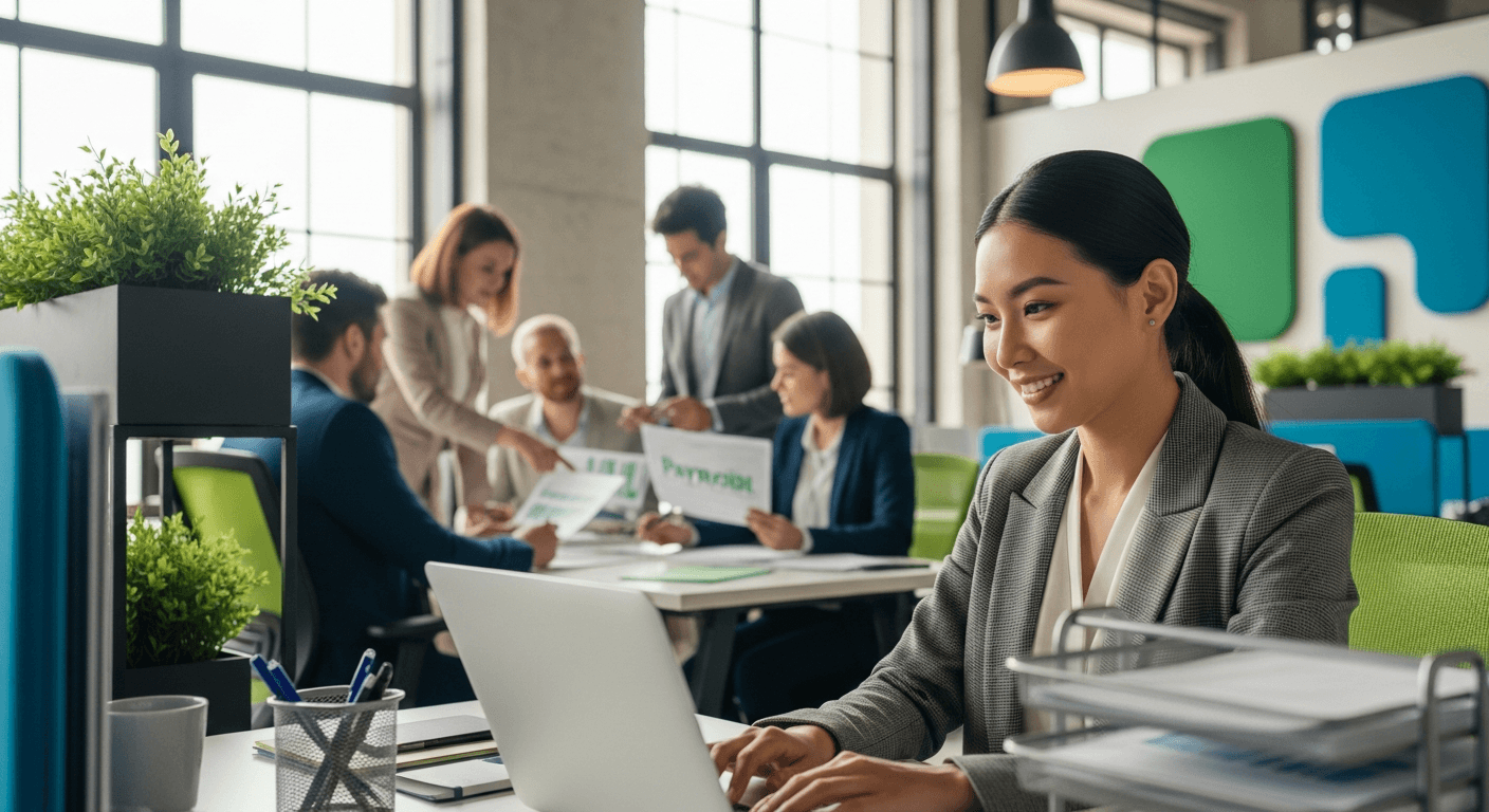AI_IMAGE: A professional Asian woman in a modern office smiling while working on a laptop, with colleagues in the background reviewing payroll documents. Bright natural light from large windows, green plants, teal and green corporate accents. Warm and professional atmosphere. | photorealistic | landscape