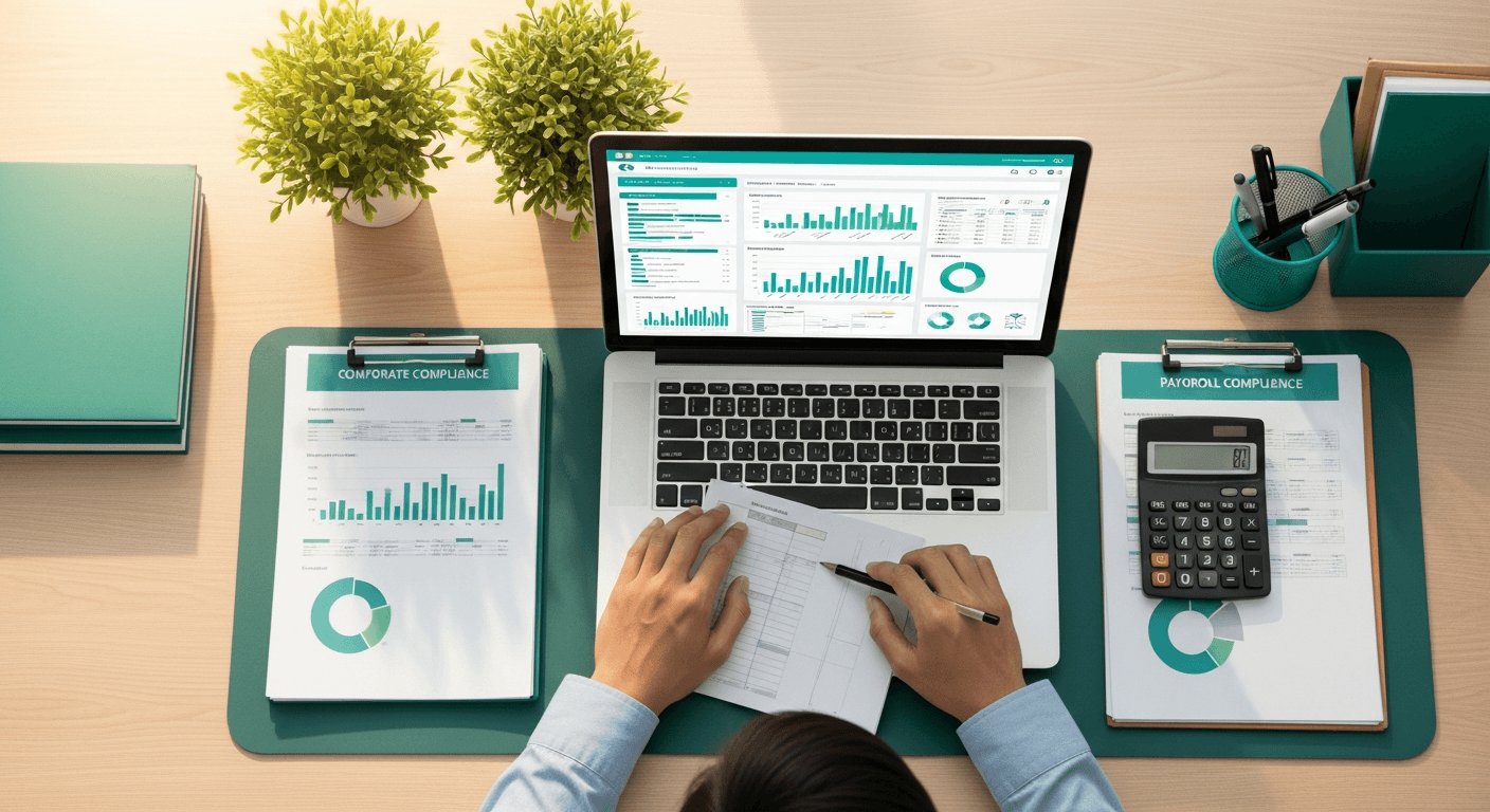 AI_IMAGE: A professional working on payroll compliance documents at a clean modern desk with a laptop showing financial dashboard. Organized workspace with green plants, warm natural light. Corporate teal and green accents. Overhead angle. | photorealistic | landscape