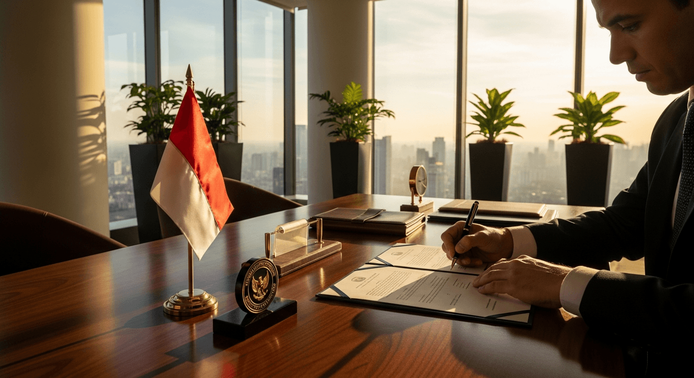 AI_IMAGE: A professional signing incorporation documents at a polished desk with Indonesian flag and corporate seal visible. Modern office setting with floor-to-ceiling windows showing Jakarta skyline. Warm tones with green plants. | photorealistic | landscape