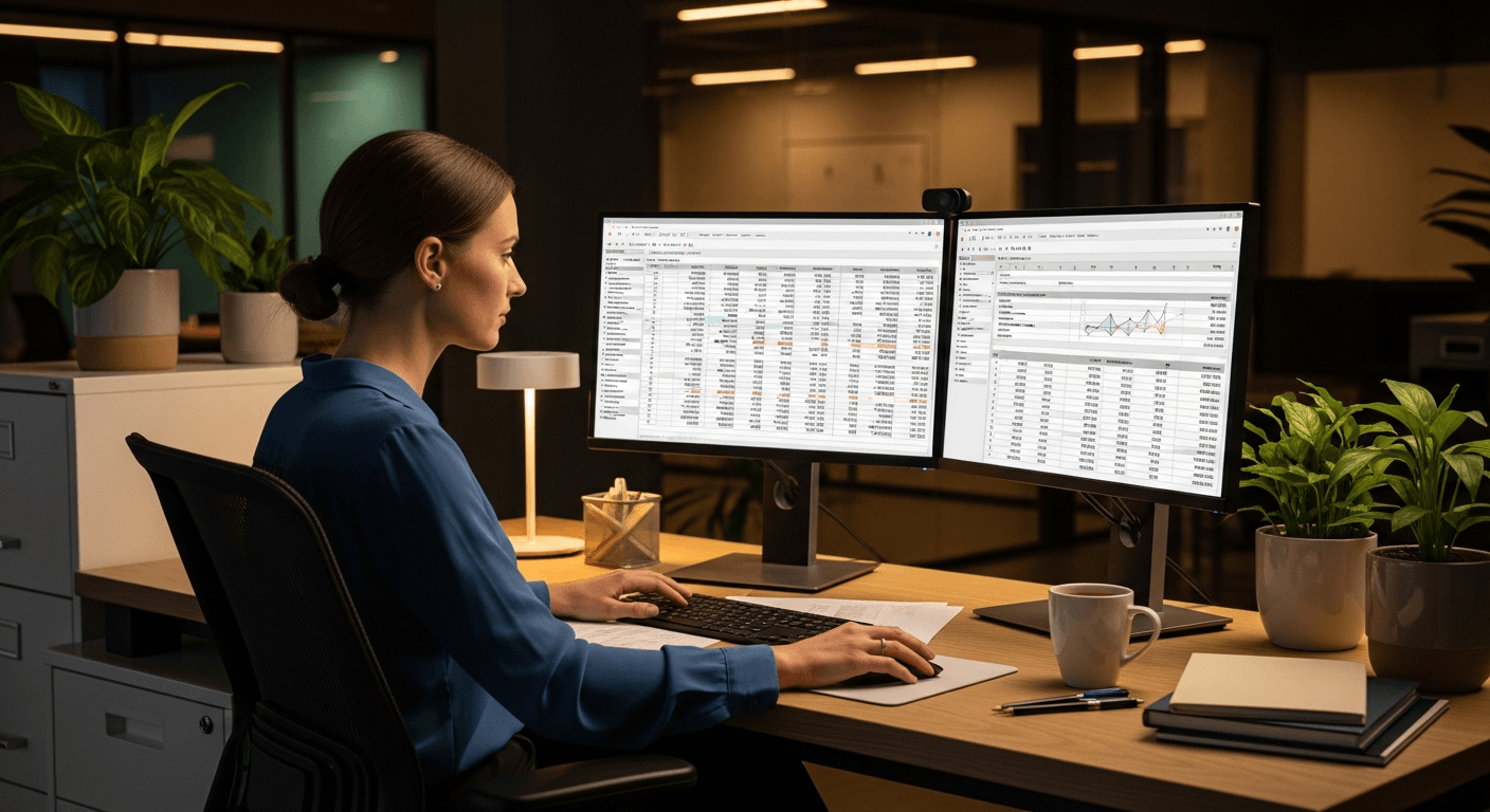 AI_IMAGE: A payroll specialist working on employee compensation reports at a modern dual-monitor workstation. Spreadsheets showing salary calculations, professional office with warm lighting and green plants. | photorealistic | landscape