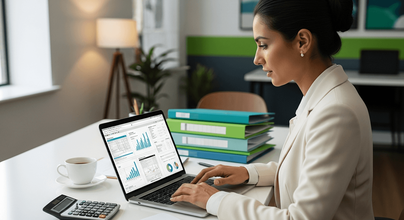 AI_IMAGE: A tax advisory professional reviewing financial charts and tax documents on a laptop in a modern office. Calculator, coffee, organized folders visible. Clean corporate atmosphere with green and teal color accents. | photorealistic | landscape