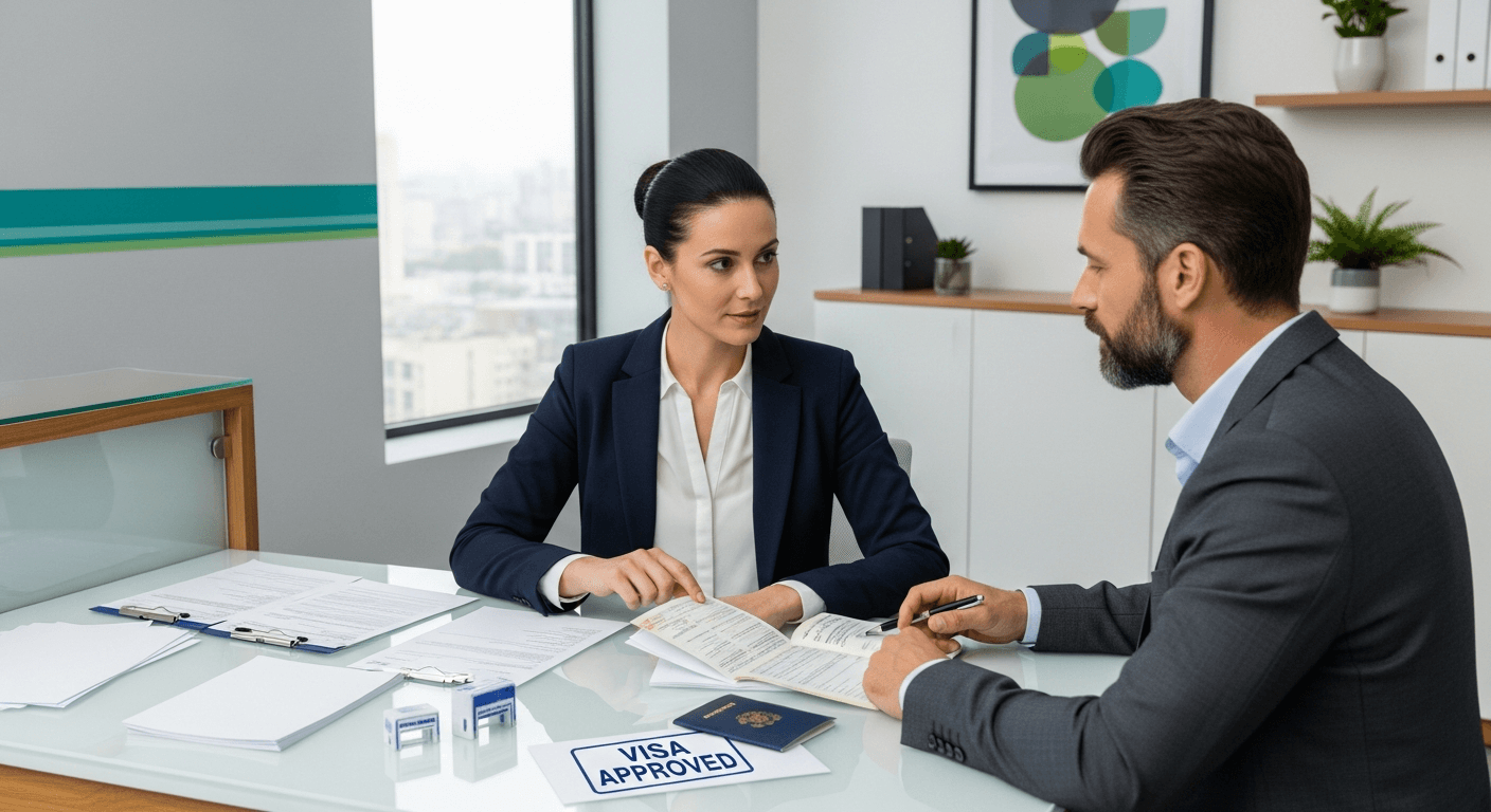 AI_IMAGE: An immigration specialist assisting an international business traveler with visa documents at a modern service counter. Passport, documents, and stamps visible. Clean professional office with teal and green accents. | photorealistic | landscape