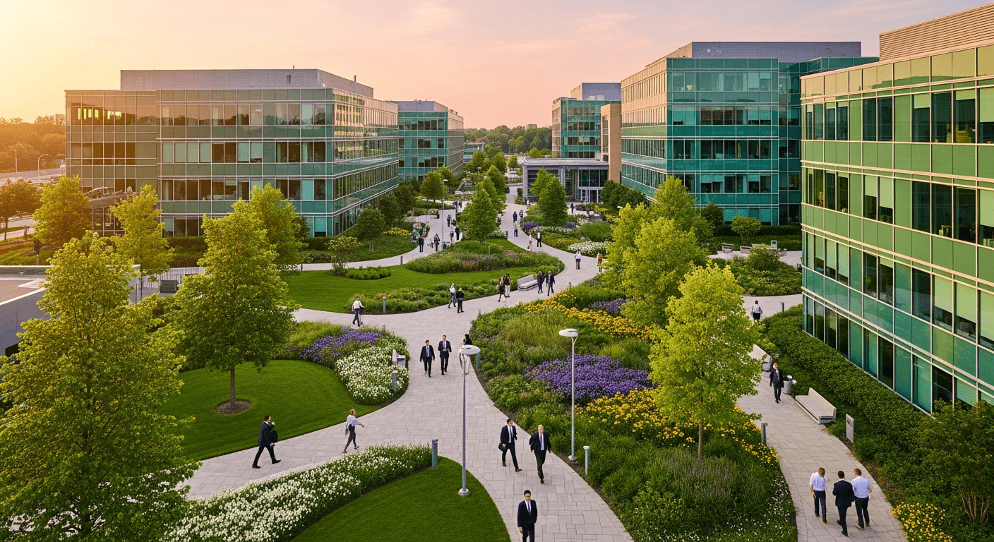 AI_IMAGE: A panoramic view of a modern corporate campus with glass buildings, landscaped gardens, walkways, diverse professionals walking. Aerial perspective. Green and teal corporate tones, golden hour lighting. | photorealistic | landscape