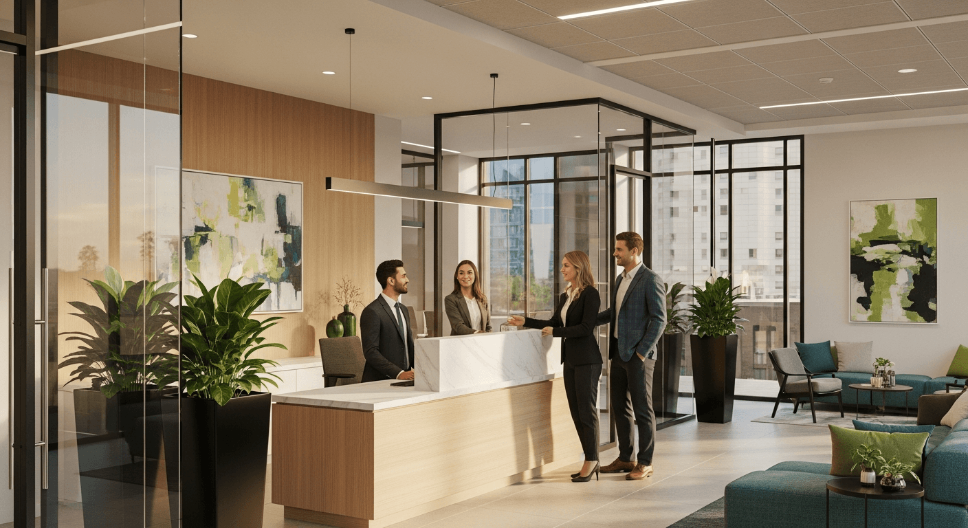 AI_IMAGE: A modern corporate office lobby with sleek glass walls, professional staff at reception desk, green plants, warm lighting, tones of teal and green. Clean professional atmosphere for business incorporation services. | photorealistic | landscape