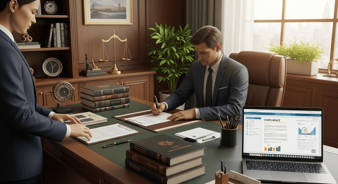 AI_IMAGE: A legal compliance office scene with law books, contracts on desk, professional signing documents. Modern office with warm tones, green plants, corporate and authoritative atmosphere. | photorealistic | landscape