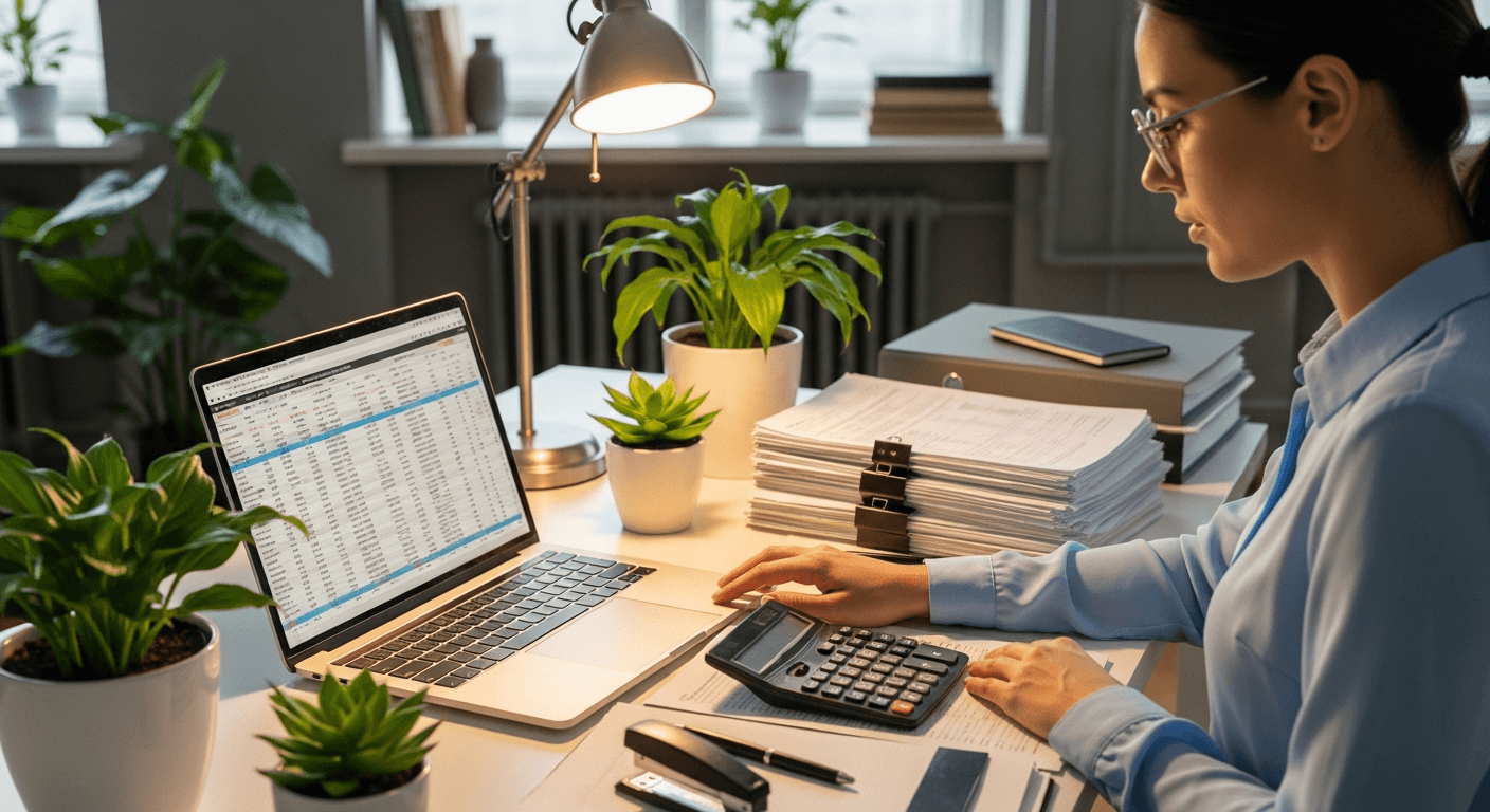 AI_IMAGE: A professional accountant working on payroll documents at a modern desk with laptop showing spreadsheets, calculator, organized paperwork. Warm office environment with green accent plants. Corporate tones. | photorealistic | landscape