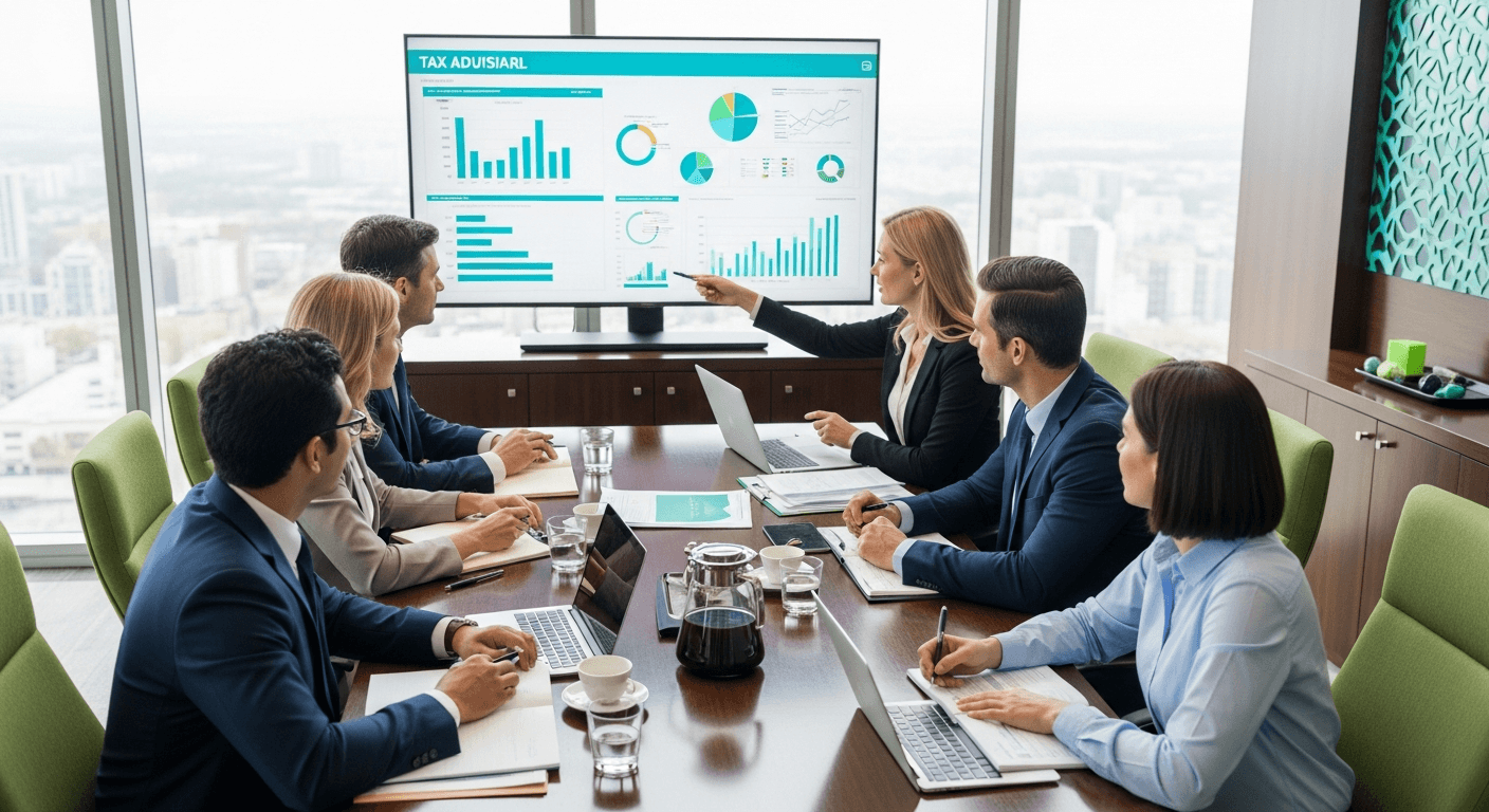 AI_IMAGE: A professional tax advisory meeting in a well-lit conference room with documents, charts on screen, business professionals discussing strategy. Green and teal corporate color accents. | photorealistic | landscape