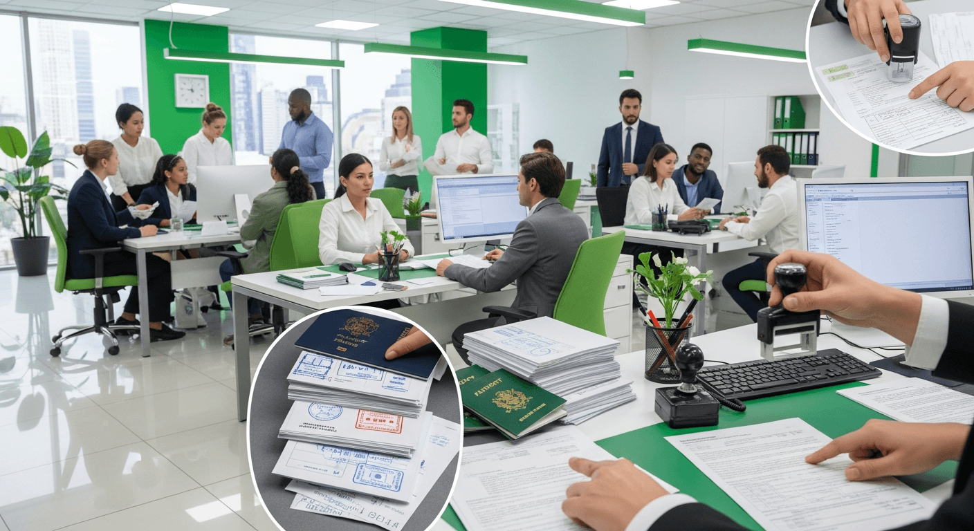 AI_IMAGE: An immigration office scene with passport stamps, visa documents, professional staff assisting international clients. Modern clean office with green and teal accents. Professional corporate atmosphere. | photorealistic | landscape