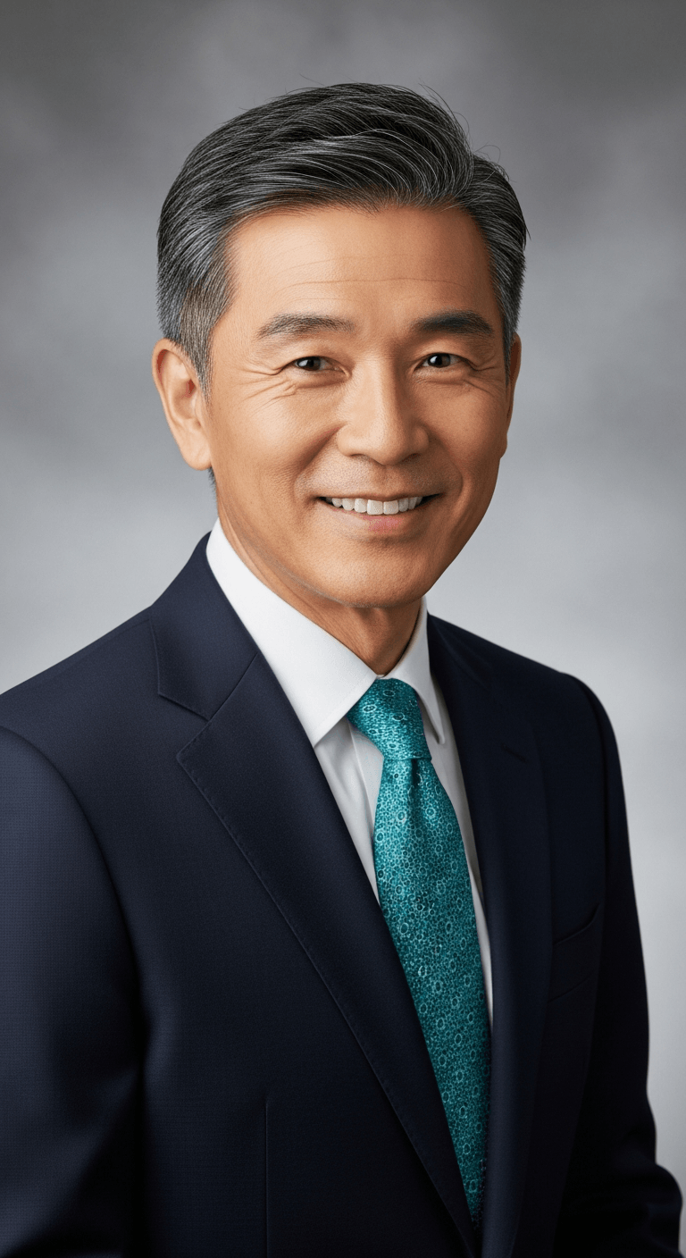 AI_IMAGE: Professional headshot portrait of an Asian male executive in his 50s wearing a dark navy suit and teal tie, confident smile, neutral grey studio background, corporate photography style. | photorealistic | portrait