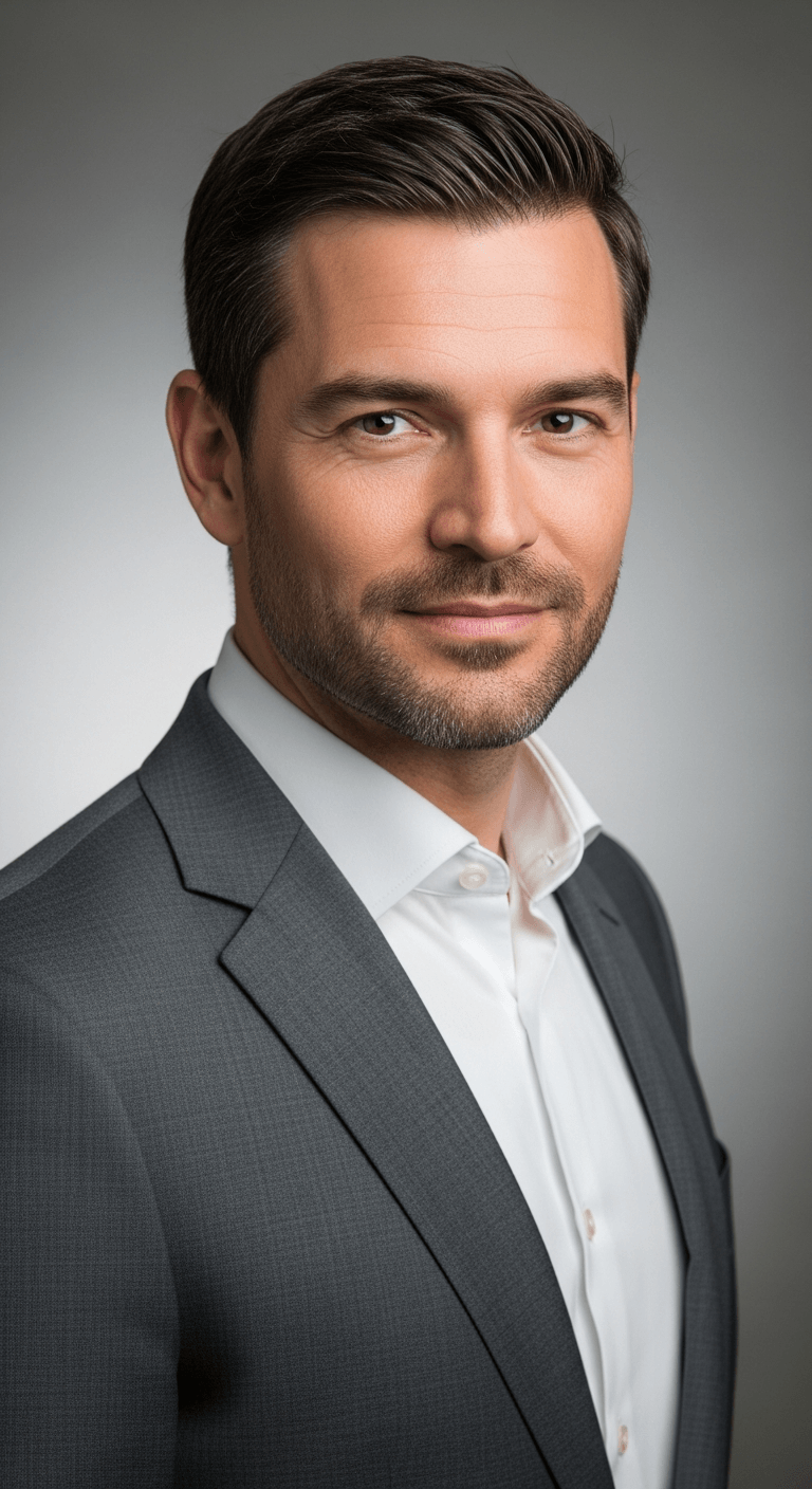 AI_IMAGE: Professional headshot portrait of a European male executive in his 40s wearing a charcoal suit and white shirt, confident expression, neutral grey studio background, corporate photography style. | photorealistic | portrait