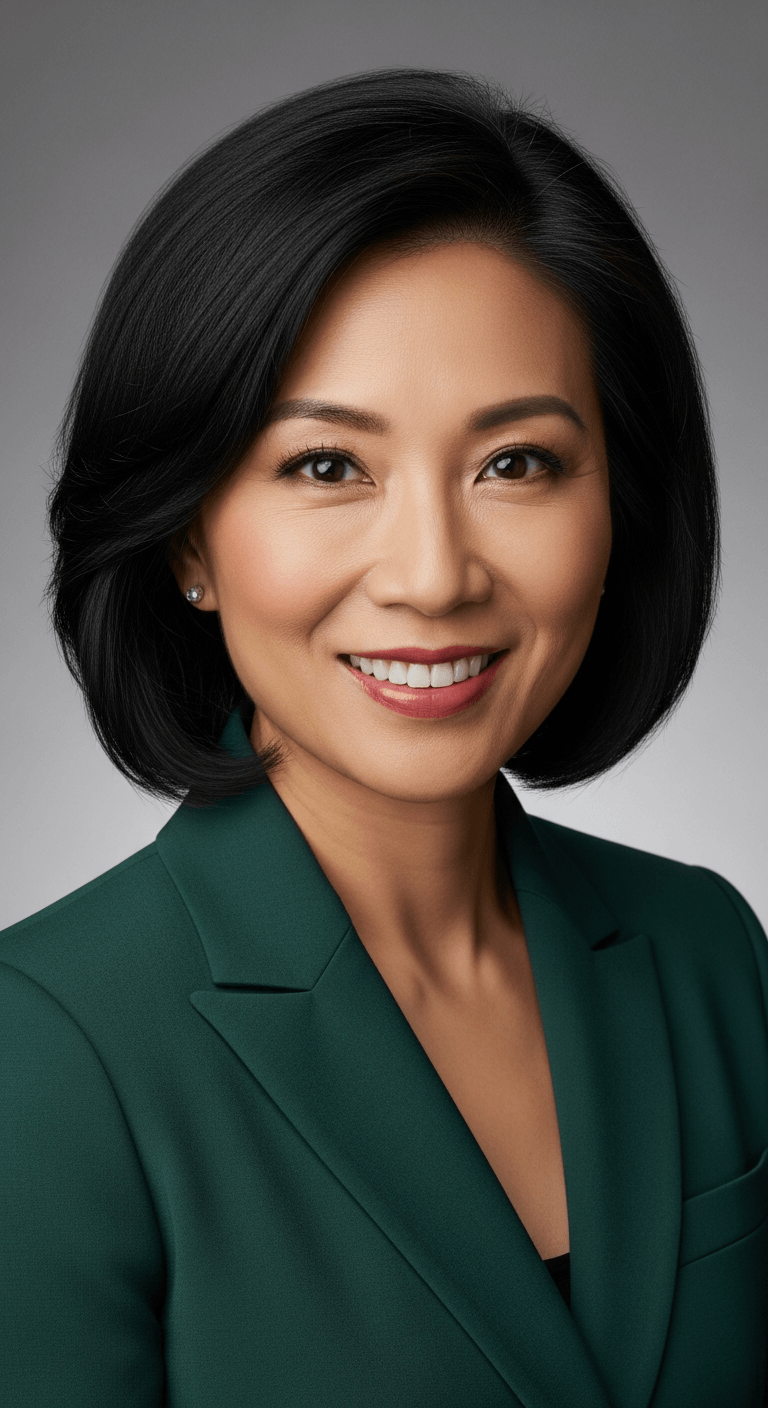 AI_IMAGE: Professional headshot portrait of an Asian female executive in her 40s wearing a sophisticated dark green blazer, warm smile, neutral grey studio background, corporate photography style. | photorealistic | portrait