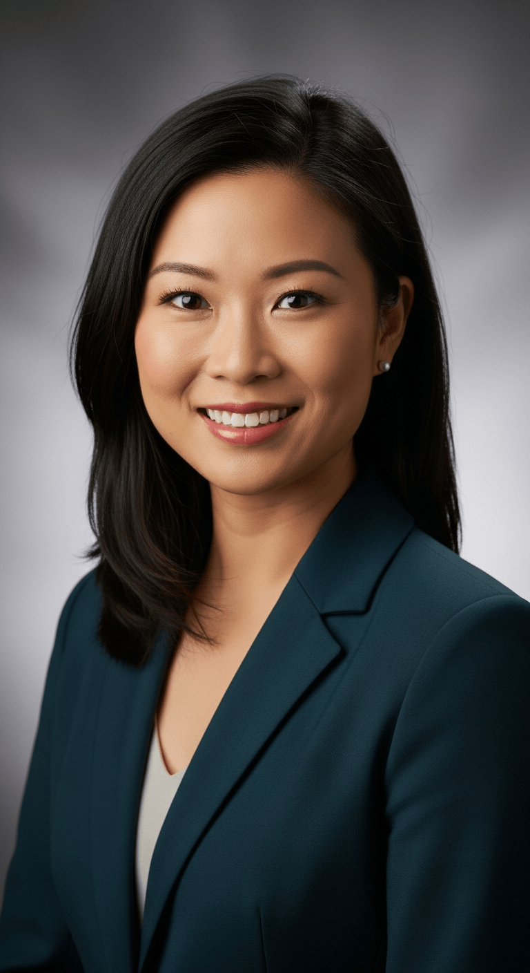 AI_IMAGE: Professional headshot portrait of an Asian female legal professional in her 30s wearing a dark teal blazer, professional smile, neutral grey studio background, corporate photography style. | photorealistic | portrait